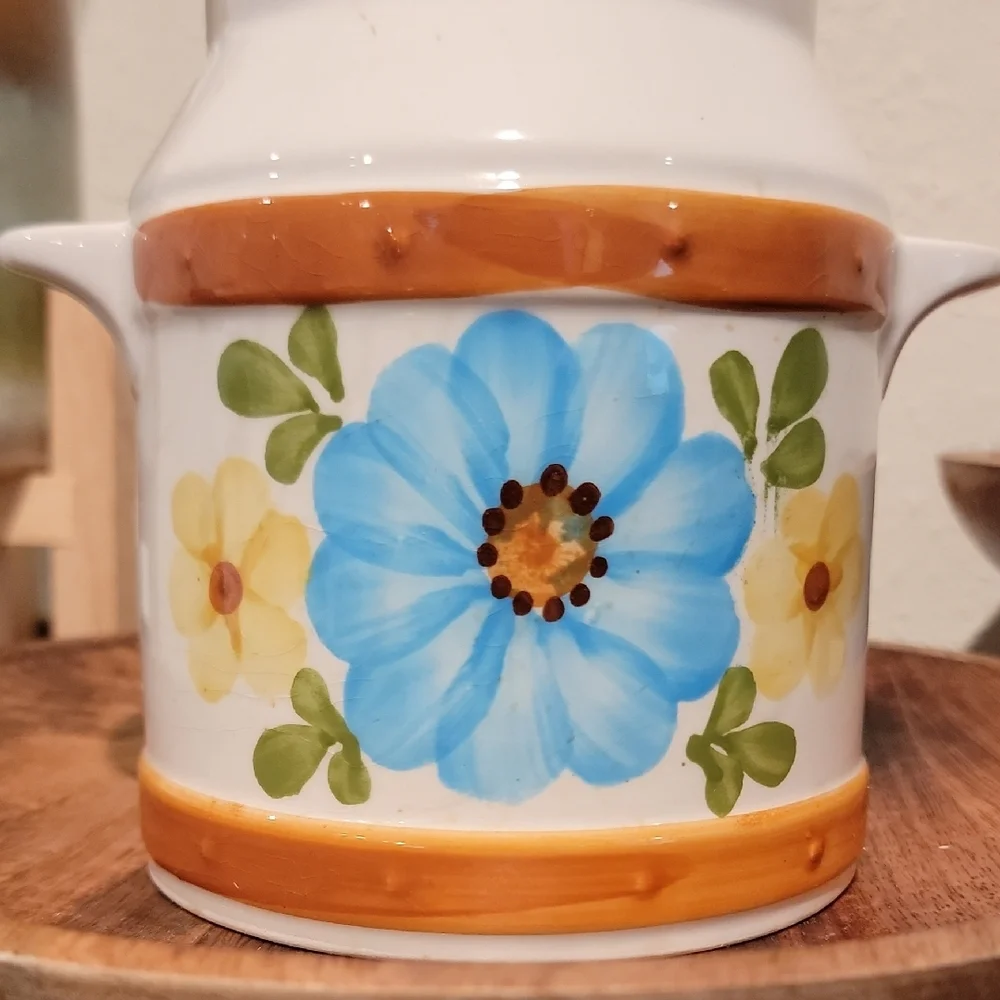 Vintage Ceramic Utensil Holder with Blue Floral Design